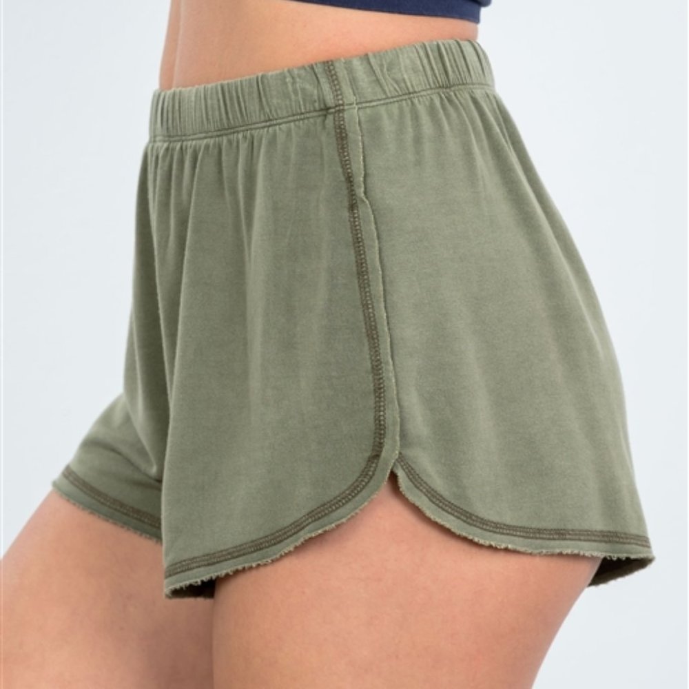 Unwind Cozy Raw Hem Olive Mini Shorts - Picture 1 of 5